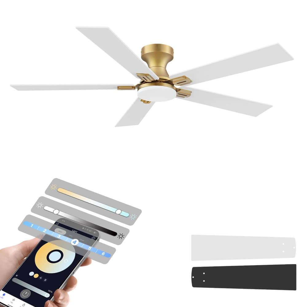 52 in.Smart Outdoor Indoor Gold White Flush Mount Ceiling Fan with LED Lights,Remote,Voice Control via Alexa,Dimmable