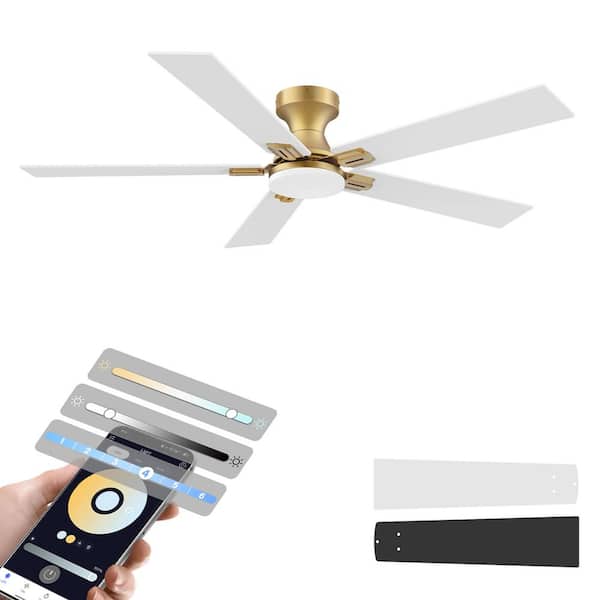 52 in.Smart Outdoor Indoor Gold White Flush Mount Ceiling Fan with LED Lights,Remote,Voice Control via Alexa,Dimmable