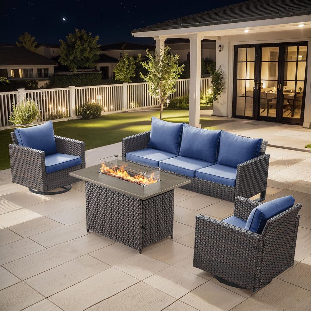 U-Frame 4-Piece Brown Wicker Fire Pit Conversation Set with Olefin Blue Cushions and Swivel Glider Chairs/Couch price history on PriceWatchPro