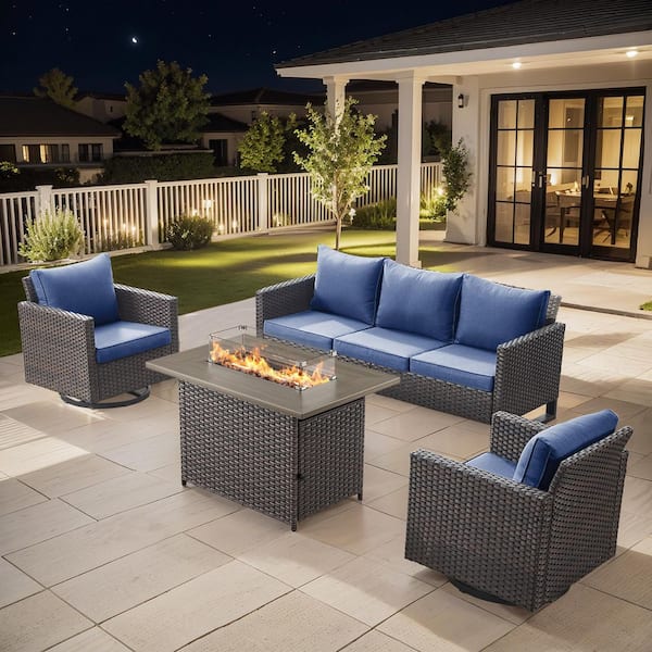 moosprr U-Frame 4-Piece Brown Wicker Fire Pit Conversation Set with Olefin Blue Cushions and Swivel Glider Chairs/Couch