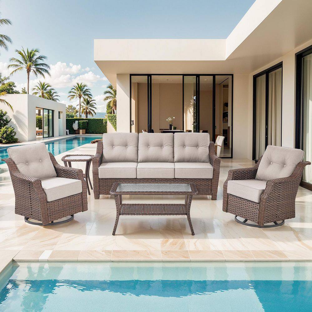 Modern Farmhouse 5-Piece Brown Wicker Patio Conversation Set with 6 In. Beige Olefin Cushions/Outdoor Swivel Chairs price history on PriceWatchPro