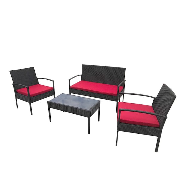 Unbranded 4-Piece Wicker Outdoor Sectional Set with Red Cushions