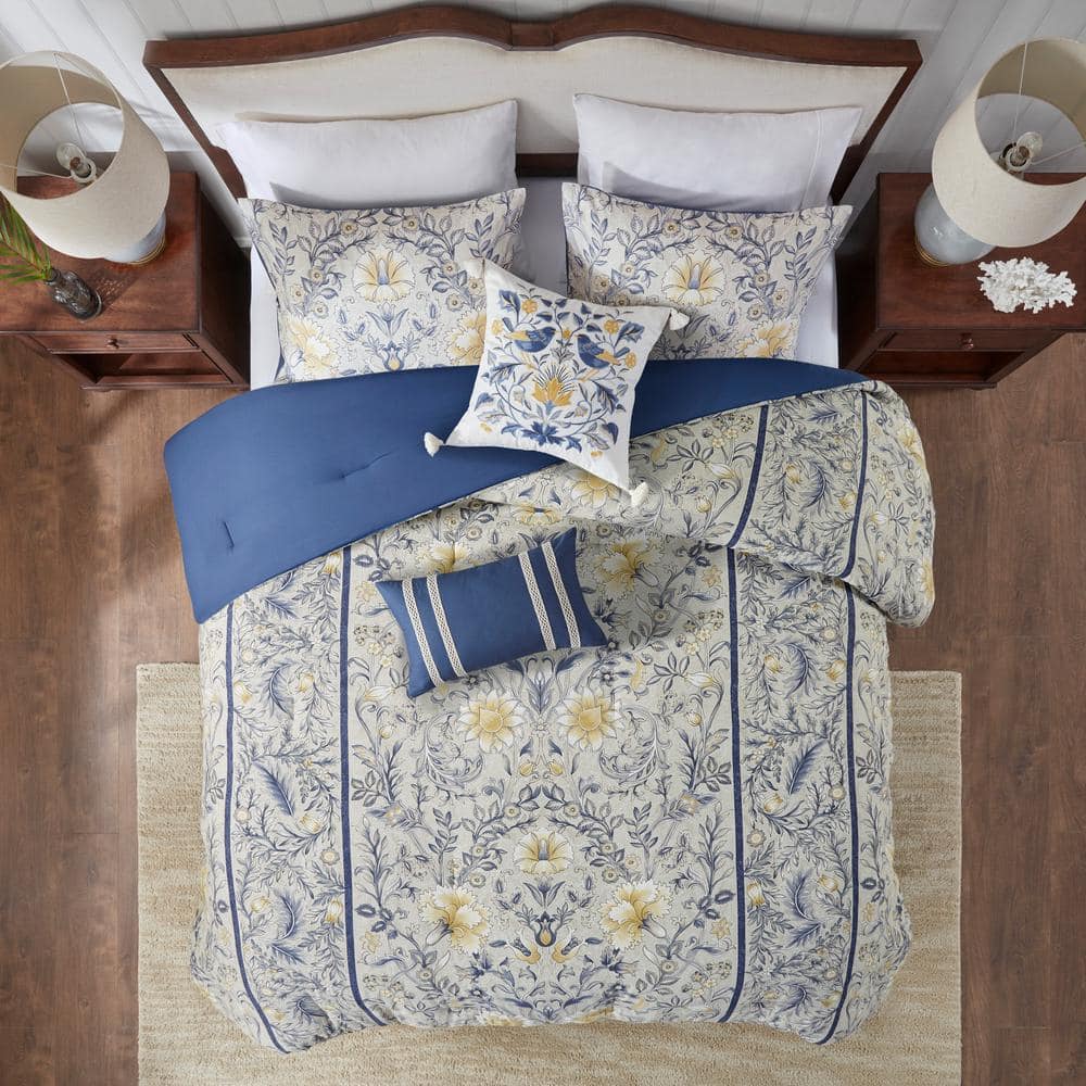 California King Blue Cotton Bedspread Set with Tassels