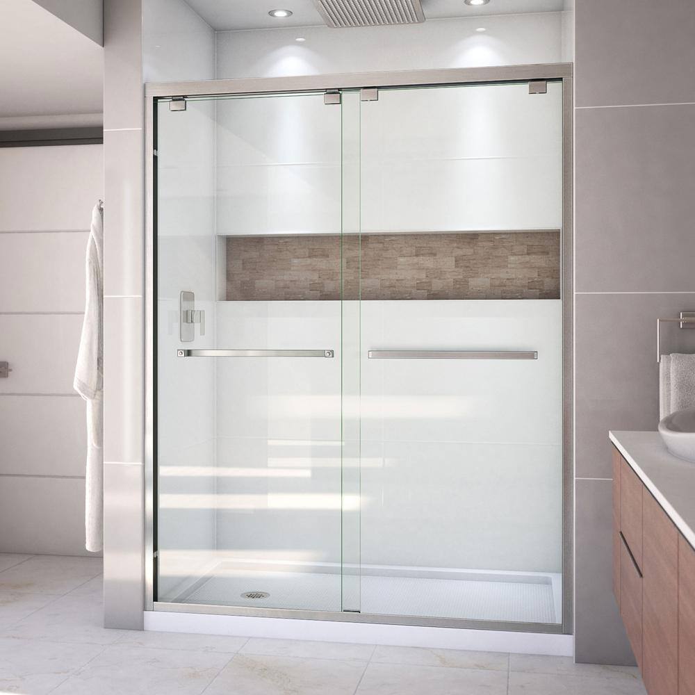 Encore 34 in. D x 60 in. W x 78.75 in. H Semi-Frameless Sliding Shower Door in Brushed Nickel with White Base price history on PriceWatchPro