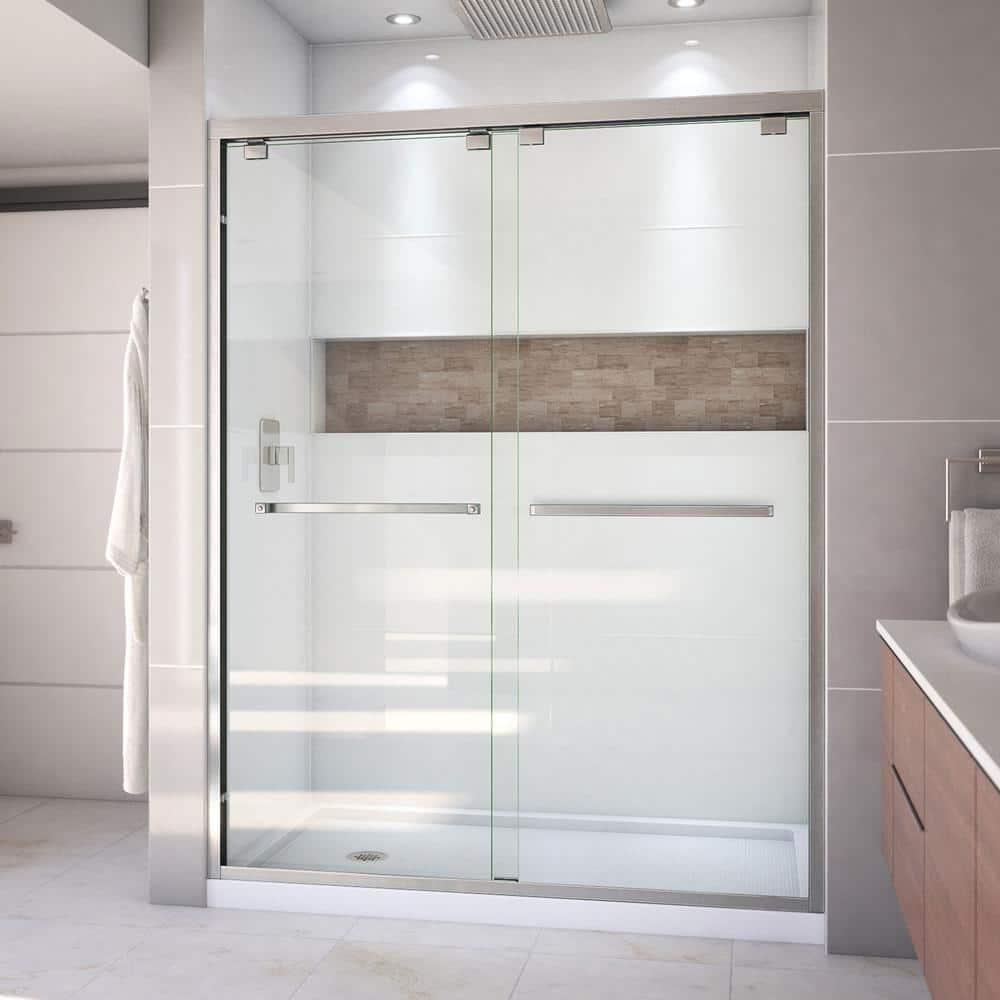 Encore 36 in. D x 60 in. W x 78.75 in. H Semi-Frameless Sliding Shower Door in Brushed Nickel with White Base price history on PriceWatchPro