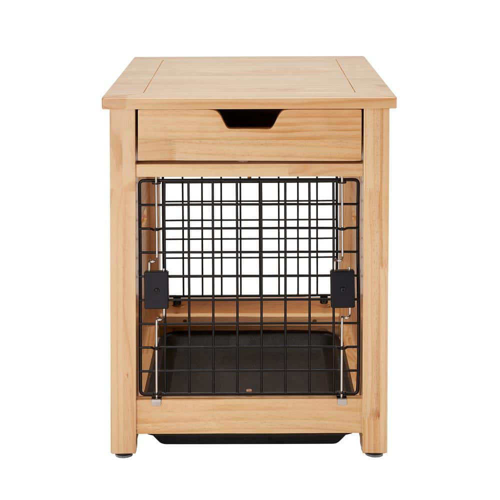 Small Beige and Brown Pine Wood Pet Crate End Table
