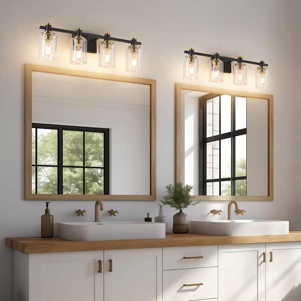 26.97 in. 4 Light Black and Gold Bathroom Vanity Light with Cylinder Clear Glass shades