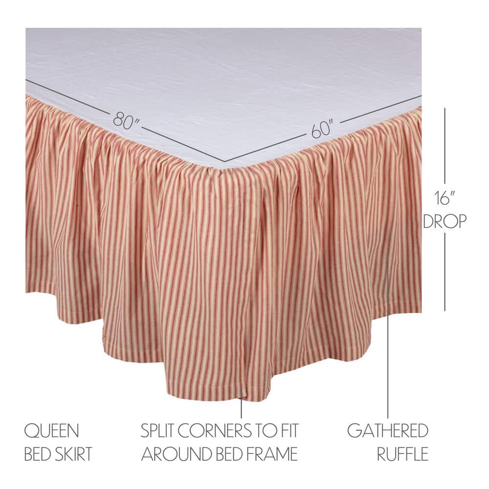 Queen Red and Tan Cotton Ticking Stripe Bed Skirt