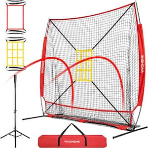 7 ft. x 7 ft. Red Baseball Softball Hitting Net with Strike Zone, Batting Tee, Carry Bag