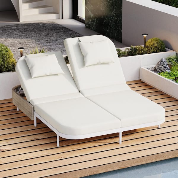 5-Position Adjustable Backrest White Metal Iron Outdoor Day Bed with Beige Cushions
