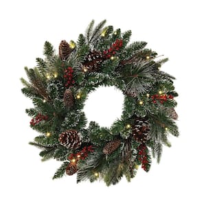 24 in. Artificial Frosted PVC Wreath with Berries, Twigs, and Pinecones, and 25 LED Lights