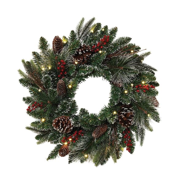 GERSON INTERNATIONAL 24 in. Artificial Frosted PVC Wreath with Berries, Twigs, and Pinecones, and 25 LED Lights