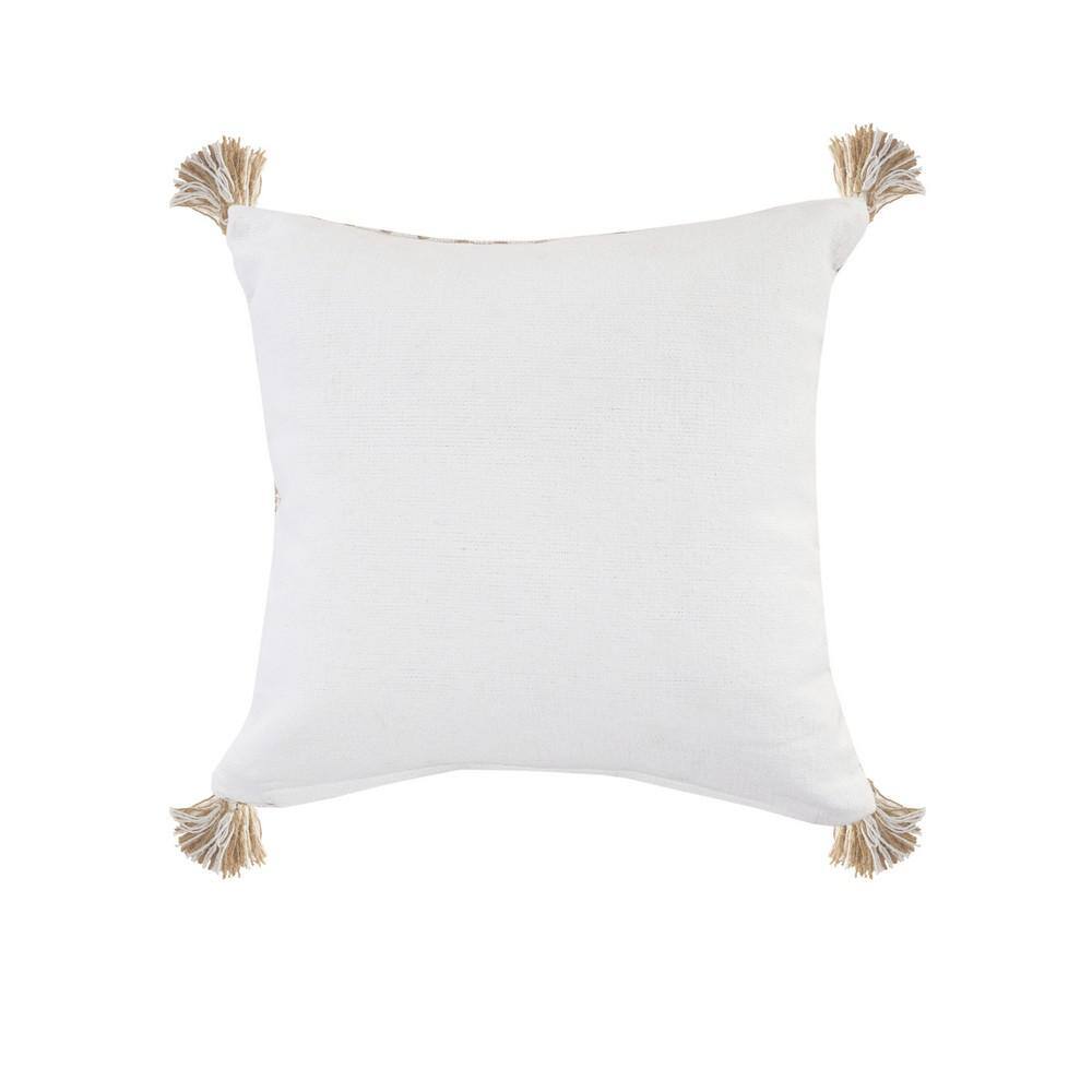 Ivory and Tan Ikat Jute Tasseled Throw Pillow, 20" x 20"