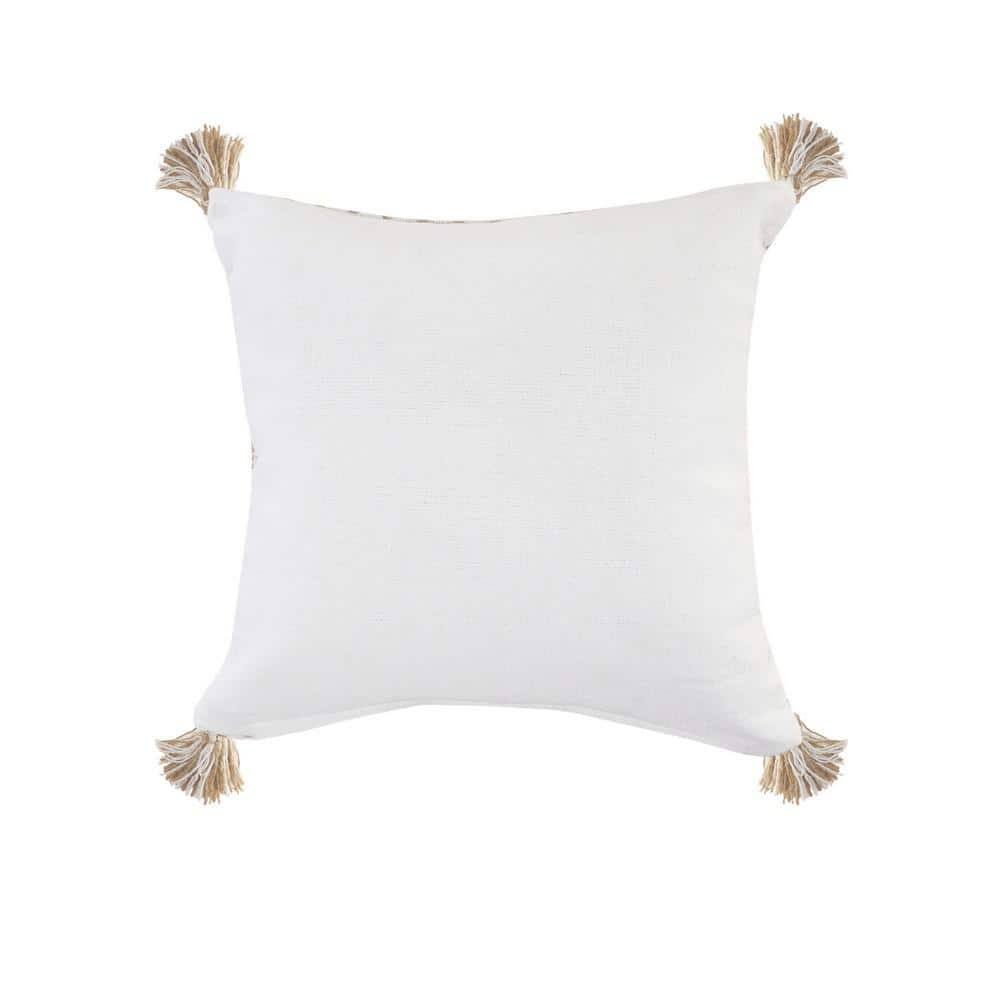 Ivory and Tan Ikat Jute Tasseled Throw Pillow, 20" x 20"