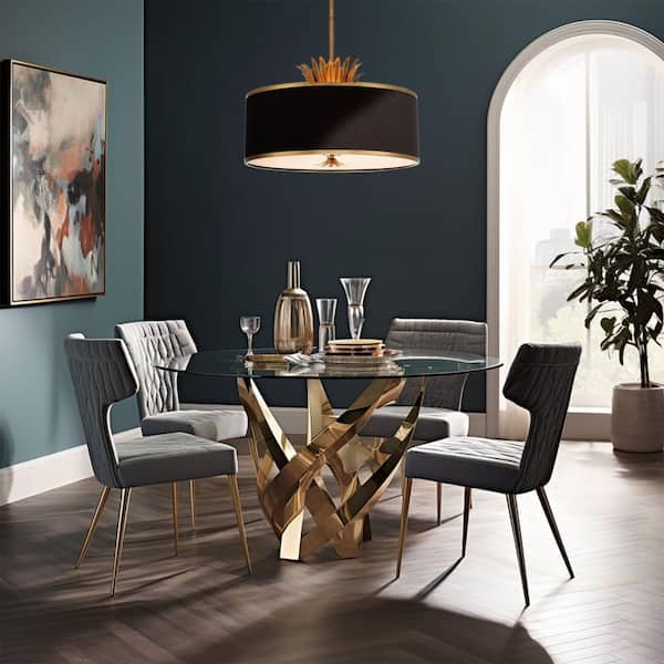 Caprio 60-Watt 4-Light Natural Brushed Brass Drum Pendant Light with Onyx Fabric Shade