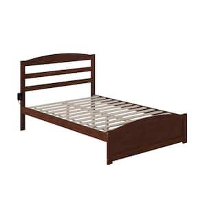 Warren 53-1/2 in. W Walnut Full Solid Wood Frame with Footboard and Attachable USB Device Charger Platform Bed