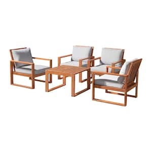 Weston 5-Piece Eucalyptus Wood Conversation Seet with4 Outdoor Chairs with Gray Cushions and Cocktail Table