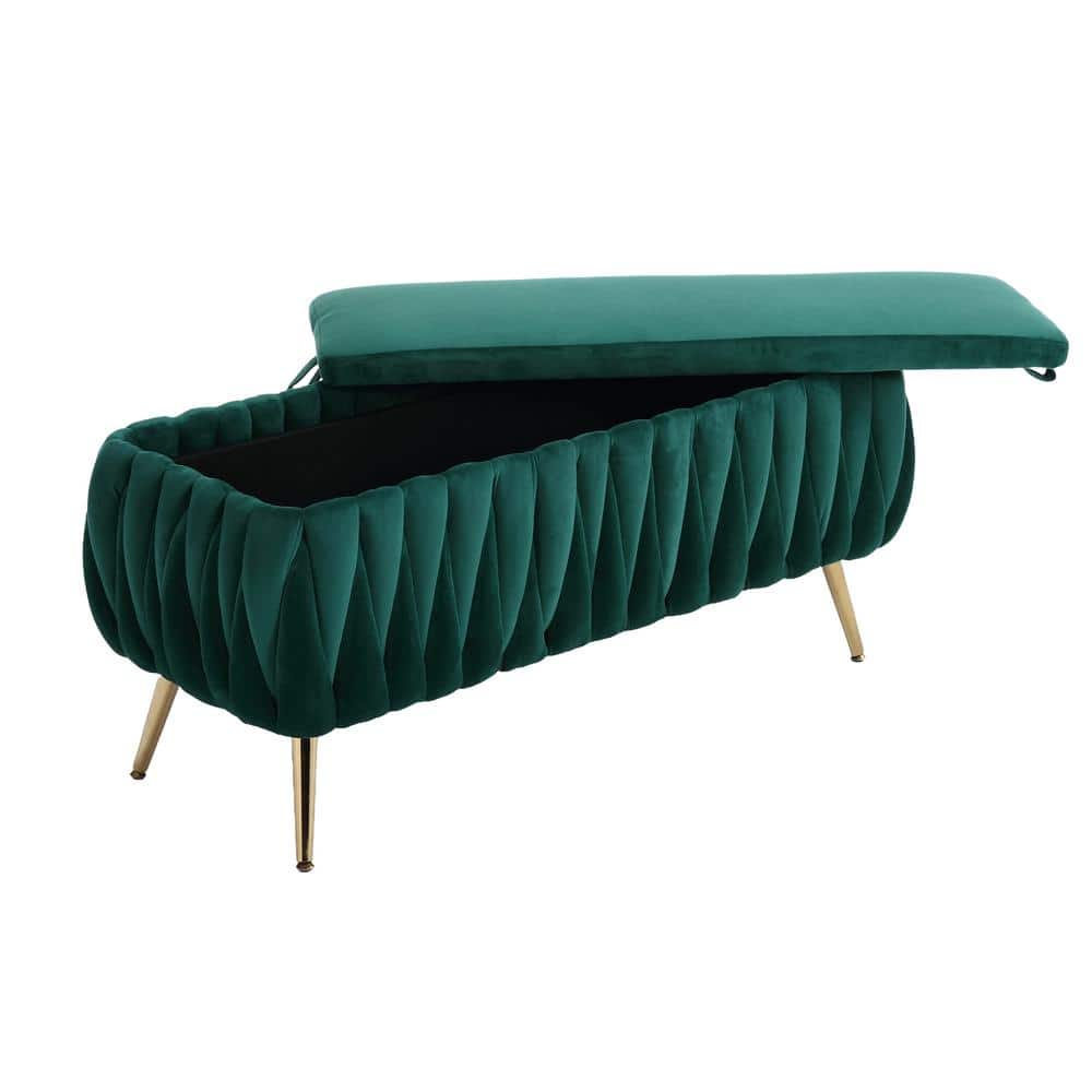42.13 in. W x 16.93 in. D x 18.31 in. H Green Plywood Linen Cabinet with Velvet Upholstered Storage Ottoman