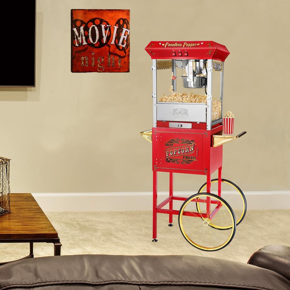 Great Northern Popcorn 8 oz. Pasadena Popcorn Machine- Kettle, Old Maids Drawer, Warming Tray and Scoop with Cart- Red