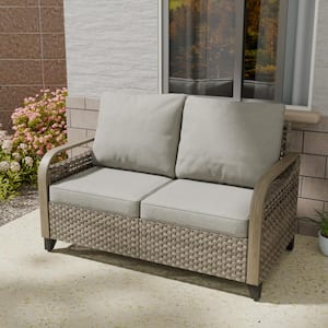 Brown 1-Piece Wicker Rattan Outdoor Patio Loveseat with Gray Cushions