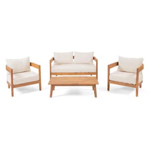 Deandre Teak 4-Piece 4 Seater Acacia Wood Chat Outdoor Patio Set with Beige Cushions