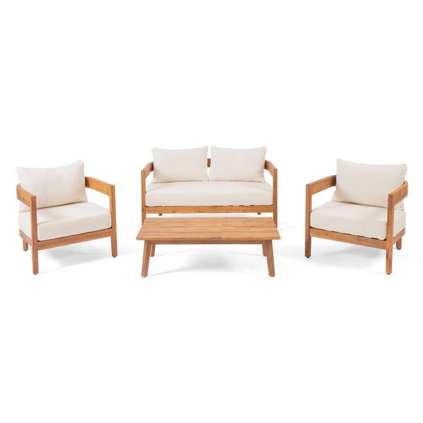 Noble House Deandre Teak 4-Piece 4 Seater Acacia Wood Chat Outdoor Patio Set with Beige Cushions