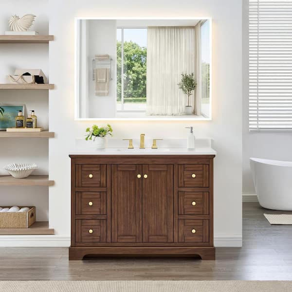 Avery 48 in. Single Freestanding Dark Walnut with Brushed Gold Trim Bath Vanity with White Cultured Marble Top