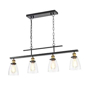 Walden 4-Light Traditional Antique Black Island Chandelier with Glass Shades, Industrial Linear Kitchen Pendant Light