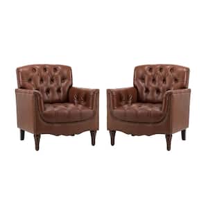 Elijah Traditional Brown Genuine Leather Button-tufted Armchair with Luxury Style and Solid Wood Legs (Set of 2)