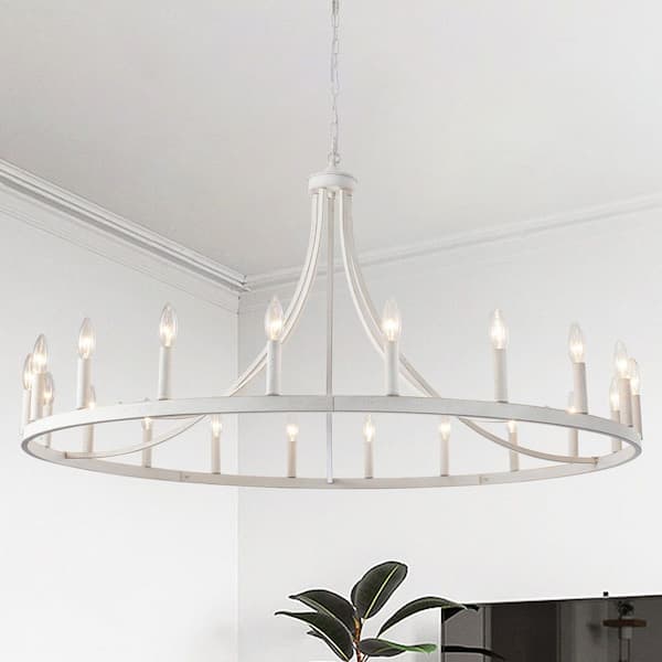 20-Light Distressed White Farmhouse Wagon Wheel Chandelier for Living Room, Kitchen Island, Bedroom