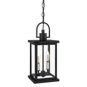 Parkbend 16 in. 2-Light Textured Matte Black Hanging Outdoor Pendant Light with Clear Glass Shade