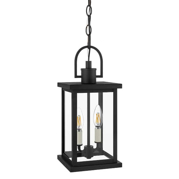 Hampton Bay Parkbend 16 in. 2-Light Textured Matte Black Hanging Outdoor Pendant Light with Clear Glass Shade