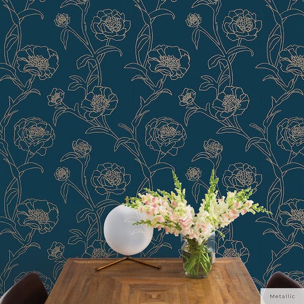 Peacock Blue and Metallic Gold Peonies Vinyl Peel and Stick Wallpaper Roll (Covers 28 sq. ft.)