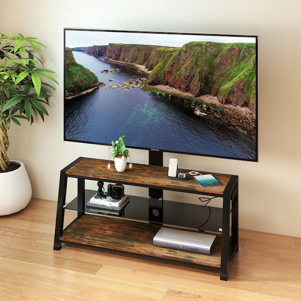 Wooden Storage TV Stand Black Tempered Glass Height Adjustable TV Console Fits TV's up to 65 in.