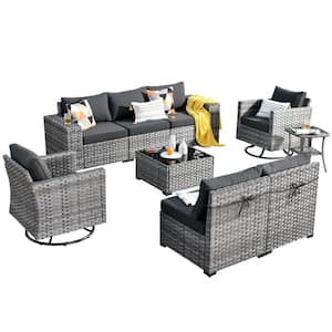 Tahoe Grey 9-Piece Wicker Wide Arm Outdoor Patio Conversation Sofa Set with Swivel Rocking Chairs and Black Cushions