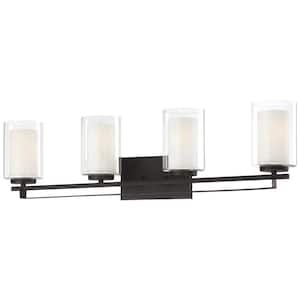 Parsons Studio 32.5 in. 4-Light Sand Black Vanity Light with Clear and Etched White Glass Shades