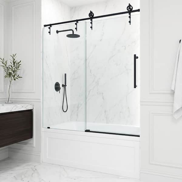 Hamilton 56 in. to 60 in. W x 68 in. H Aerodynamic Frameless Sliding Tub Door in Matte Black with Clear Glass