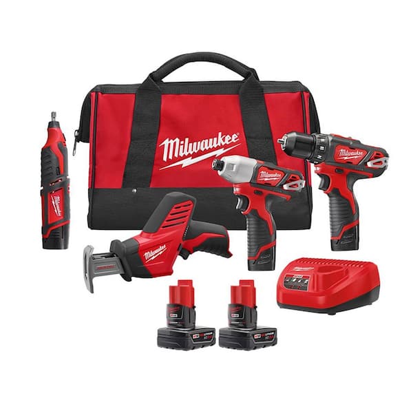 Milwaukee M12 12V Lithium-Ion Cordless Combo Tool Kit (4-Tool) with M12 XC  3.0 Ah Battery Pack (2-Pack) 2497-24-48-11-2412 The Home Depot