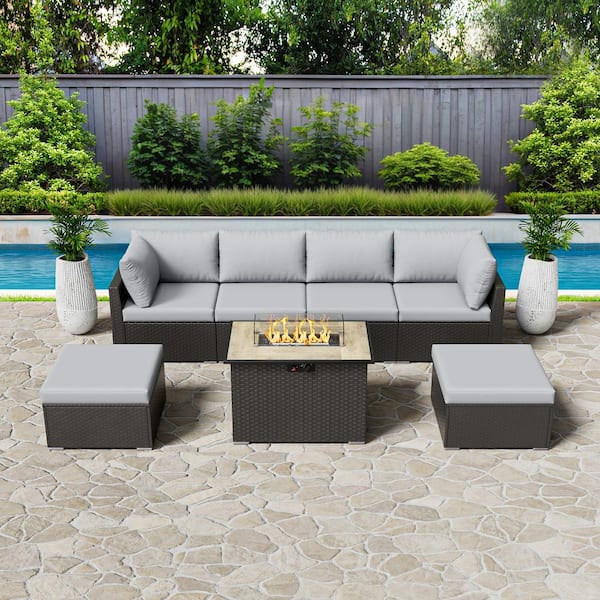 eVita 7-Piece Wicker Patio Conversation Set with Gas Fire Pit Table and White Cushions