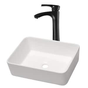 19 in. Single Bowl Bathroom Rectangular Ceramic White Vessel Sink with Bronze Faucet