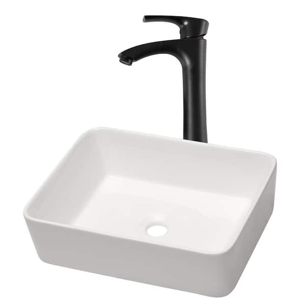 LORDEAR 19 in. Single Bowl Bathroom Rectangular Ceramic White Vessel Sink with Bronze Faucet