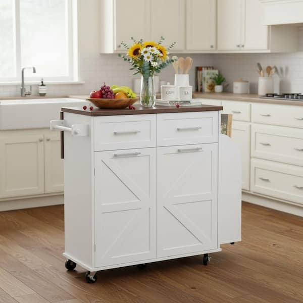 White Wood 47.2 in. Farmhouse Kitchen Island with Removable Side Racks, Drop Leaf and Concealed Tilt Trash Can