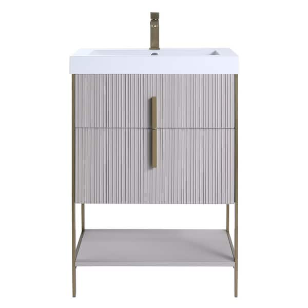 FINE FIXTURES 24 in. W x 18 in. D x 33.5 in. H Bath Vanity in Taupe with White Gel Coated Acrylic Top with Satin Brass Hardware
