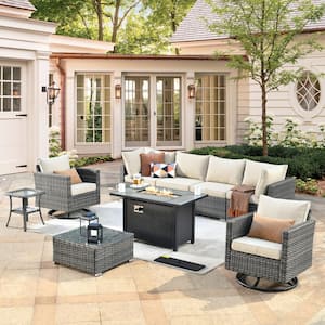 Sanibel Gray 9-Piece Wicker Outdoor Patio Conversation Sofa Sectional Set with a Metal Fire Pit and Beige Cushions