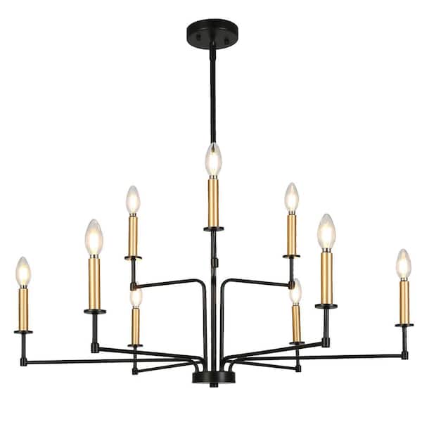 Zevni Modern Farmhouse 36.2 in. 9-Light Candlestick Black Chandelier, Tiered Dark Gold Chandelier Lighting Living Room, Foyer