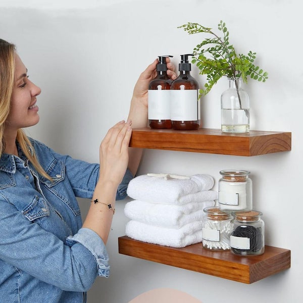 16 in. W x 6.5 in. D Solid Pine Wood Brown Decorative Wall Shelf