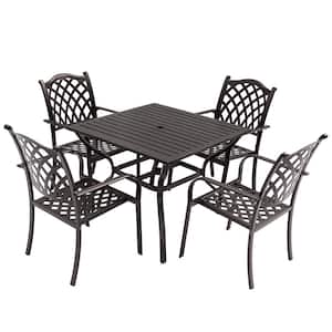Dark Brown 5-Piece Square Aluminum Patio Dining Set with Umbrella Hole with Powder Coat Paint Seating for 4