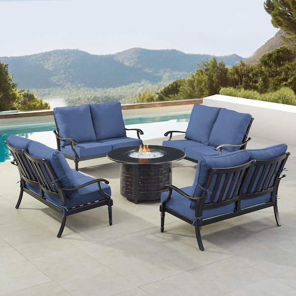 Oakland Living Black 5-Piece Aluminum Patio Fire Table Set with Blue Cushions