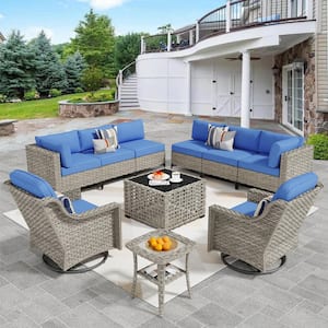 Thor 10-Piece Wicker Patio Conversation Seating Sofa Set with Blue Cushions and Swivel Rocking Chairs