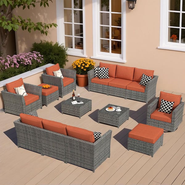 OVIOS Bexley Gray 13-Piece Wicker Patio Conversation Seating Set with Orange Red Cushions and Swivel Chairs